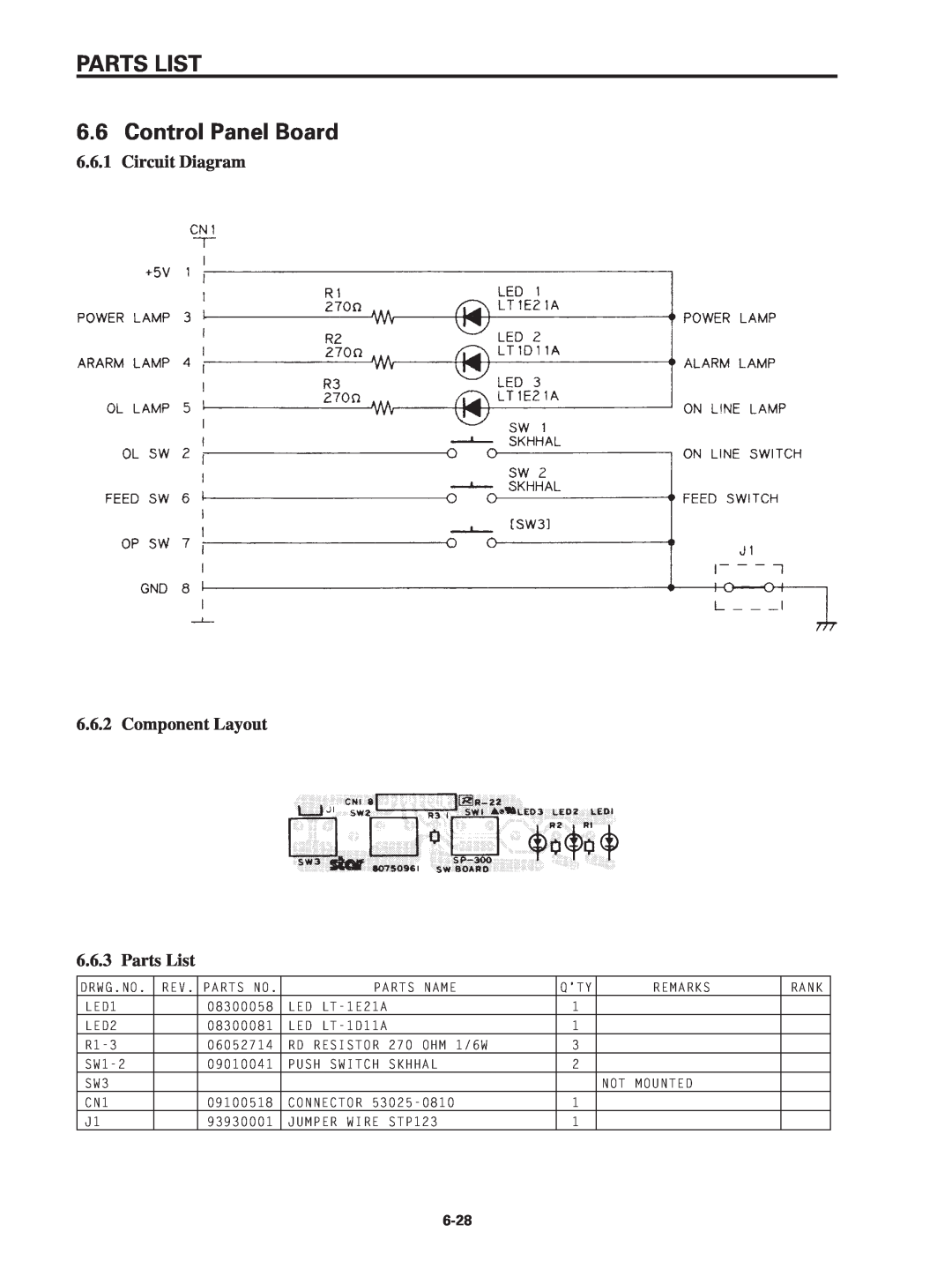 Star Micronics SP320S PARTS LIST 6.6 Control Panel Board, Circuit Diagram 6.6.2 Component Layout 6.6.3 Parts List 