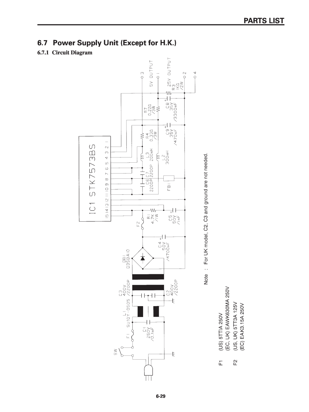 Star Micronics SP320S technical manual PARTS LIST 6.7 Power Supply Unit Except for H.K, Circuit Diagram 
