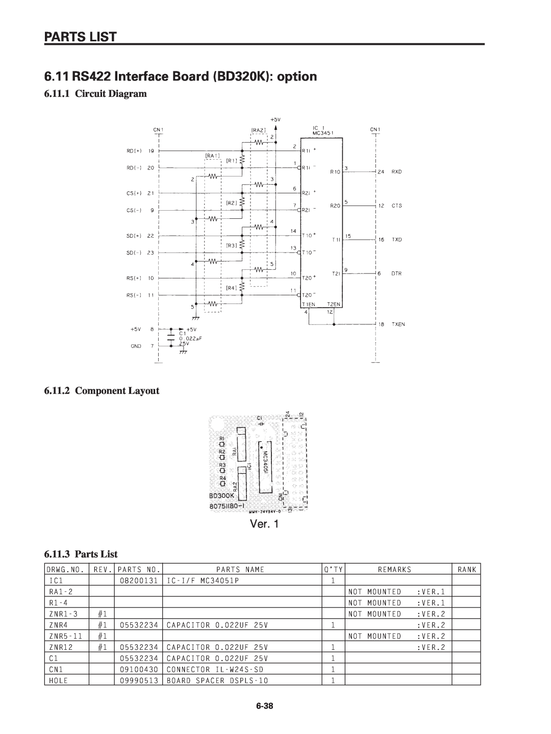 Star Micronics SP320S PARTS LIST 6.11 RS422 Interface Board BD320K option, Circuit Diagram 6.11.2 Component Layout 