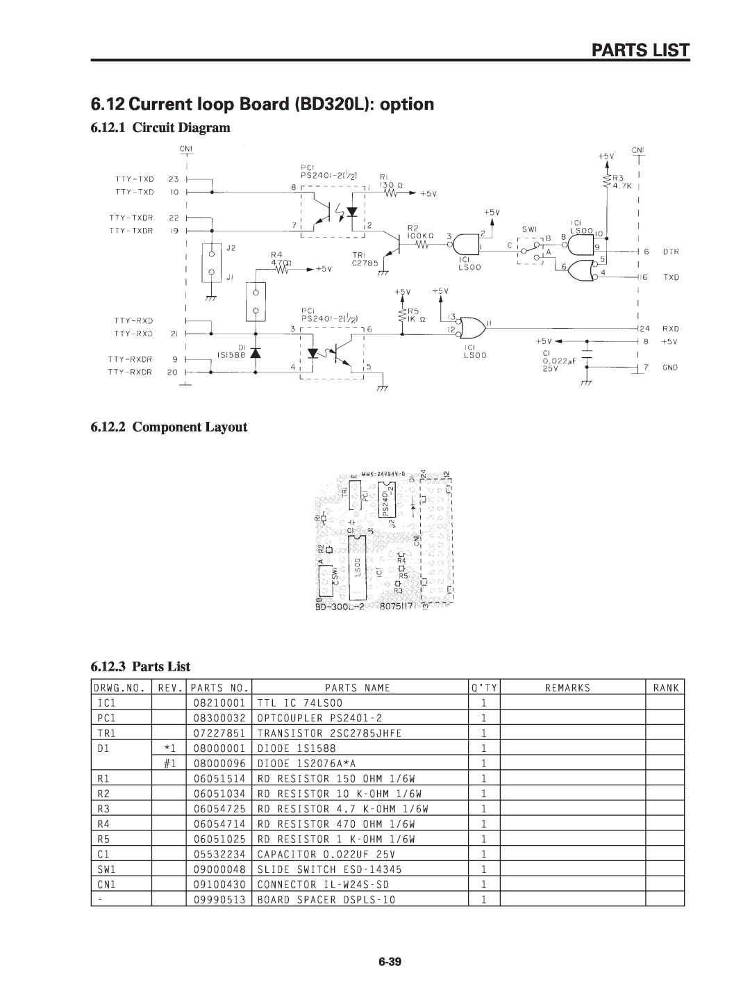 Star Micronics SP320S technical manual PARTS LIST 6.12 Current loop Board BD320L option 