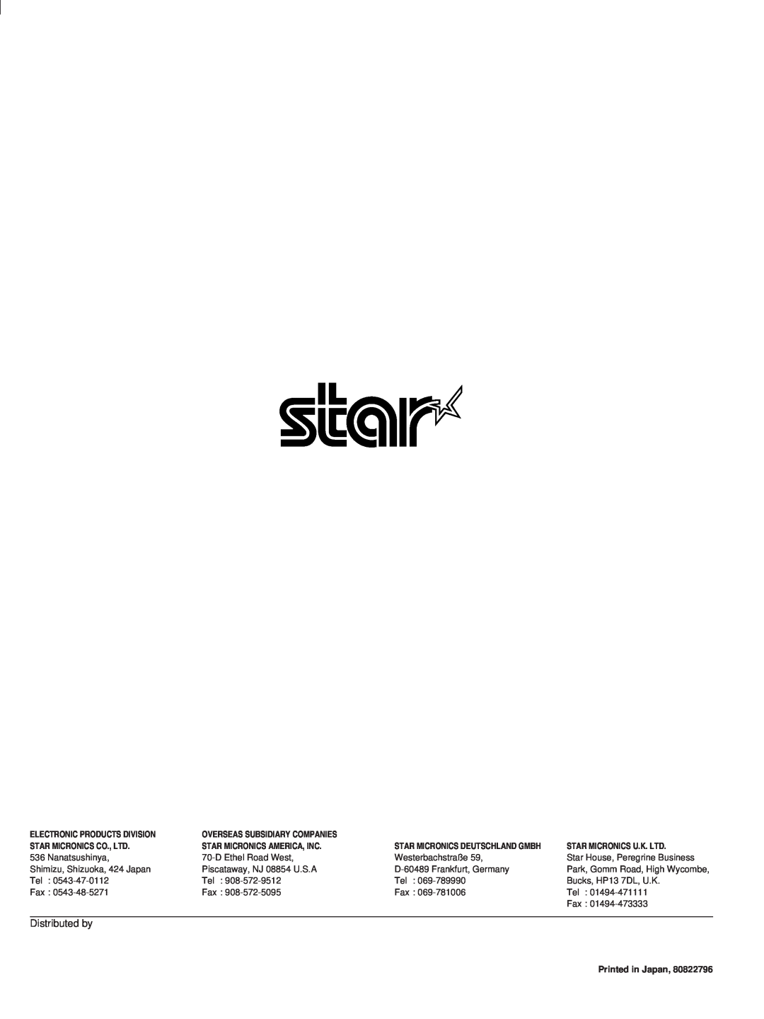 Star Micronics SP320S technical manual Distributed by, Electronic Products Division, Overseas Subsidiary Companies 