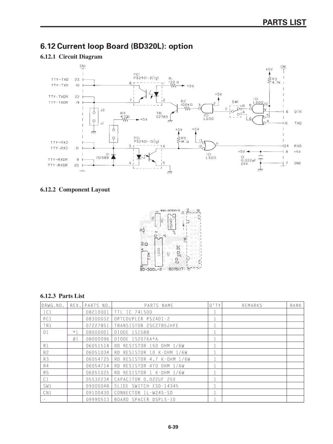 Star Micronics SP320S technical manual Current loop Board BD320L option 