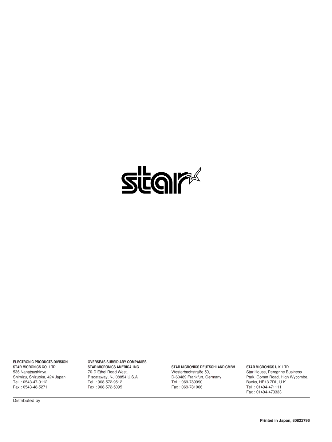 Star Micronics SP320S technical manual Distributed by 