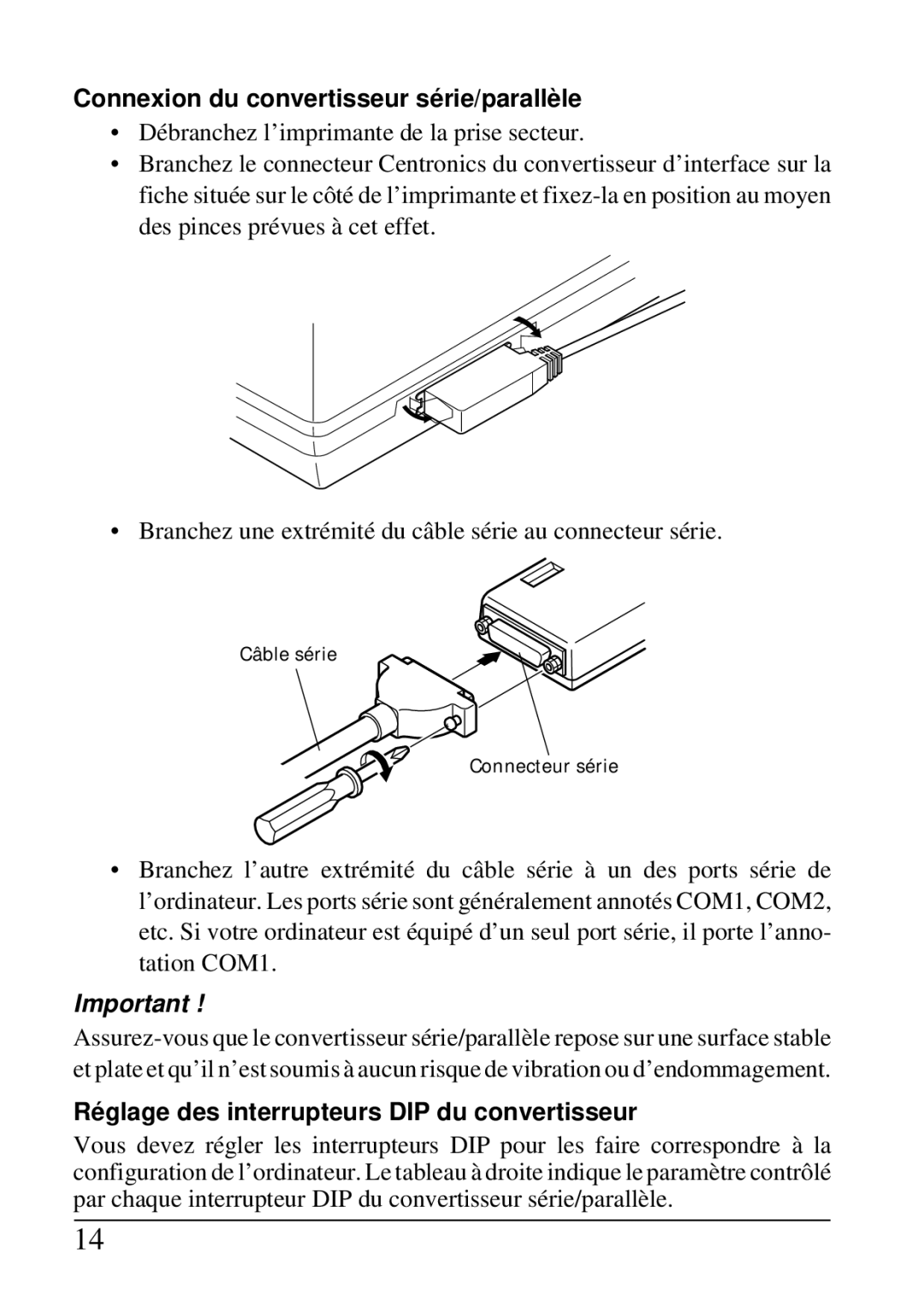 Star Micronics SPC-8K Connexion du convertisseur série/parallèle, Réglage des interrupteurs DIP du convertisseur 