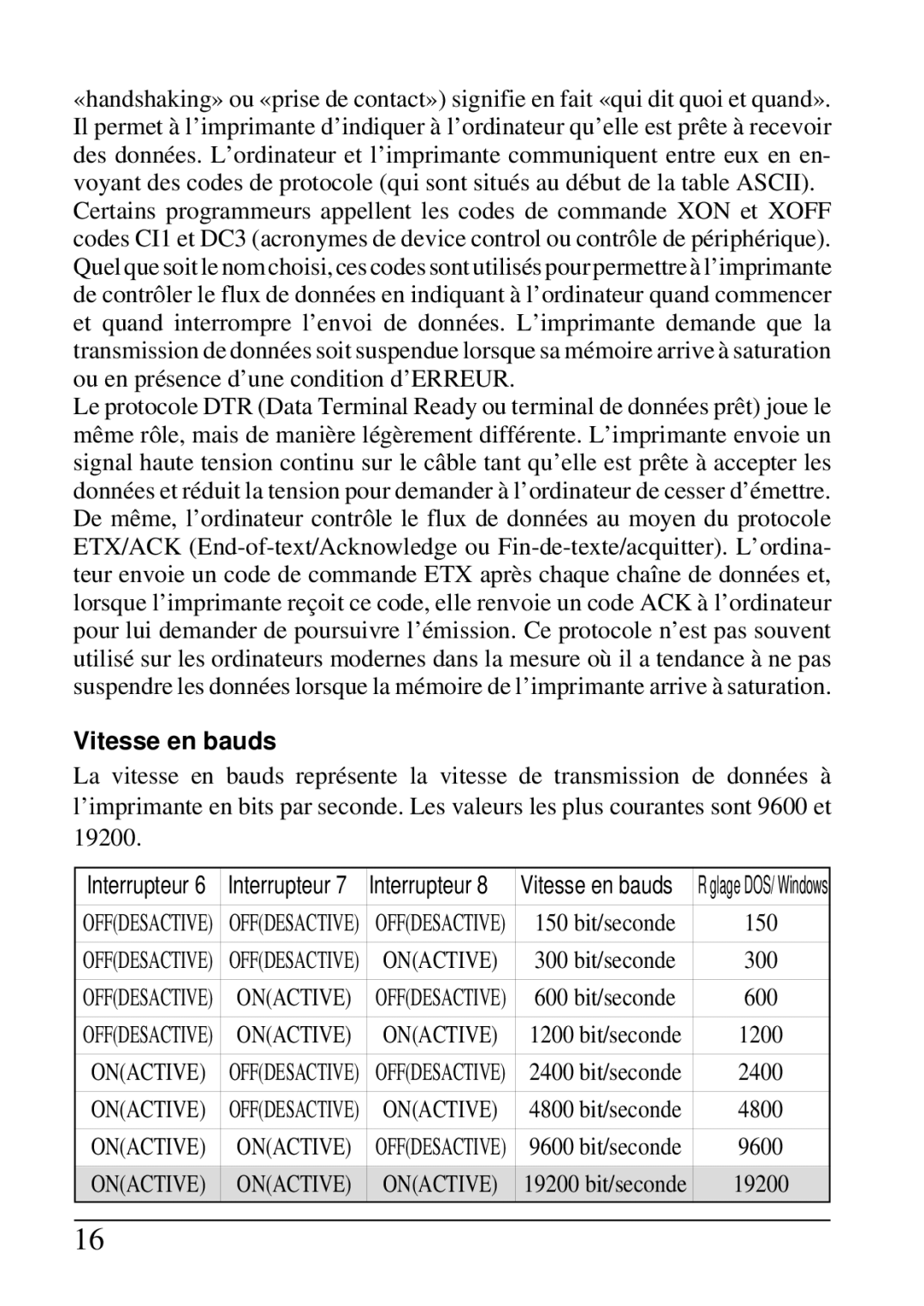 Star Micronics SPC-8K user manual Vitesse en bauds 