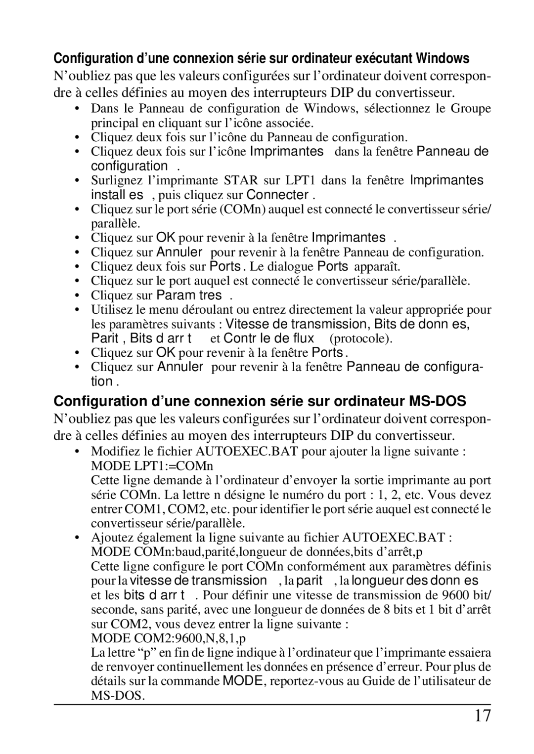 Star Micronics SPC-8K user manual Configuration d’une connexion série sur ordinateur MS-DOS 