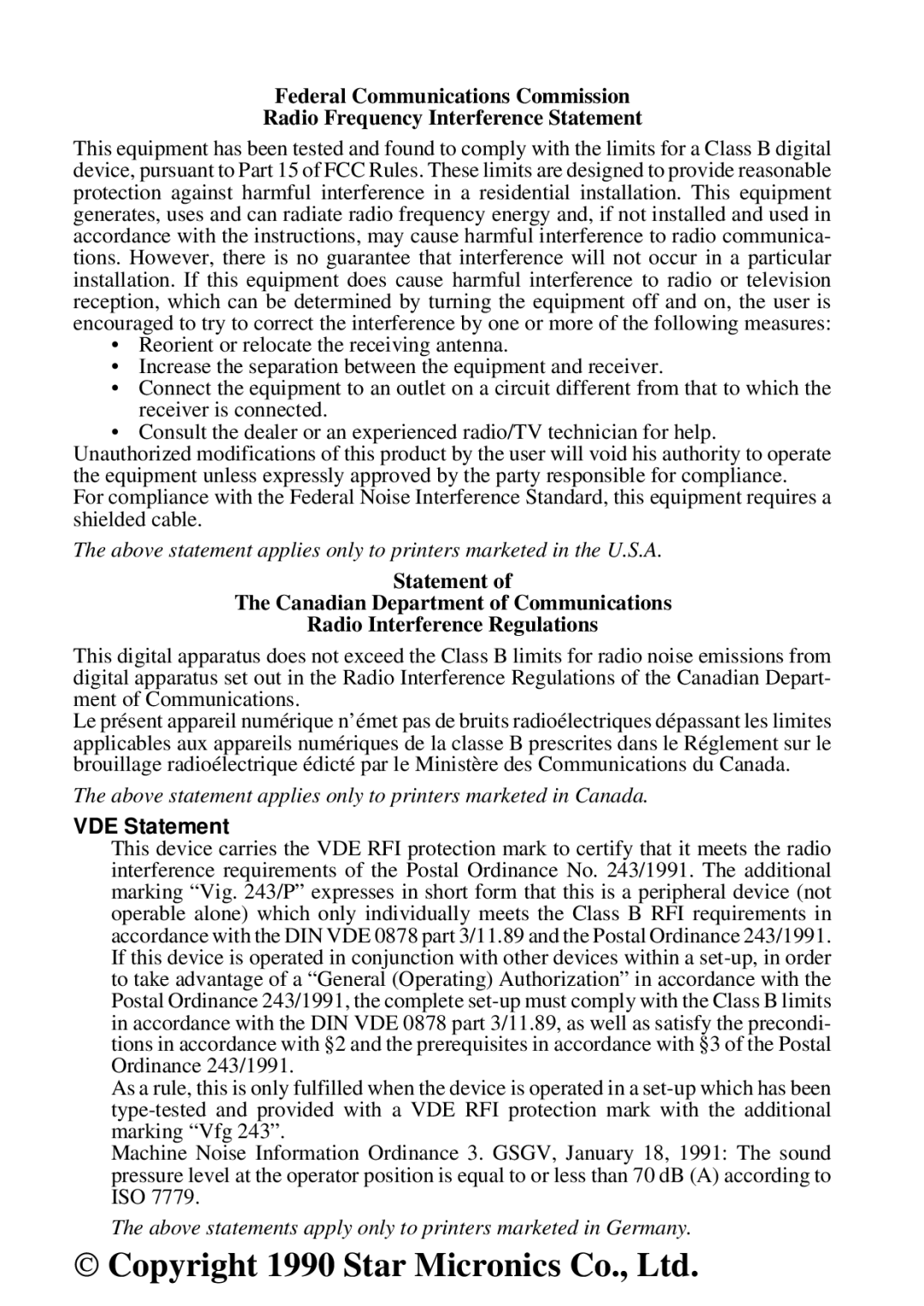 Star Micronics SPC-8K user manual VDE Statement 