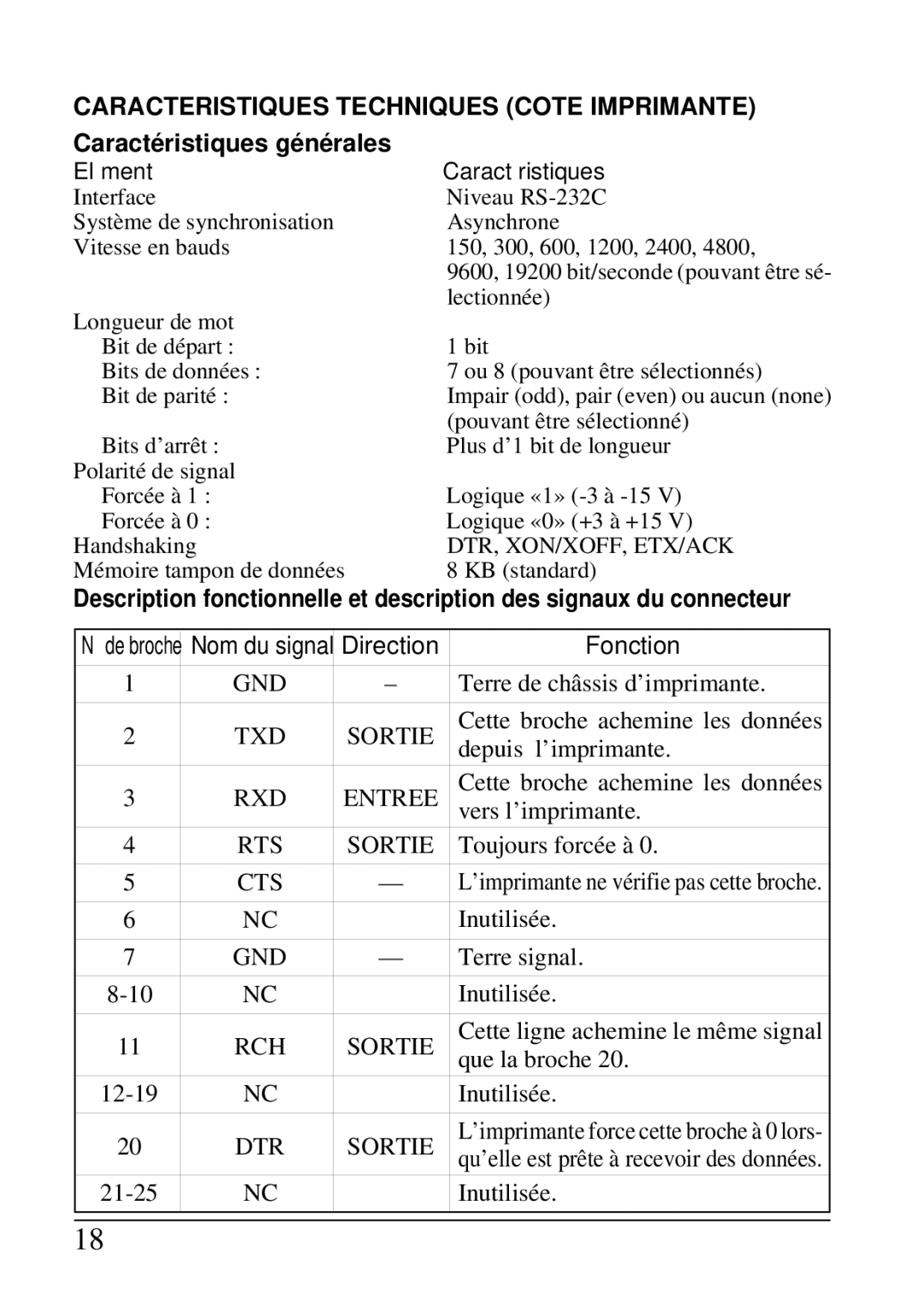 Star Micronics SPC-8K user manual Caracteristiques Techniques Cote Imprimante, Caractéristiques générales, Fonction 