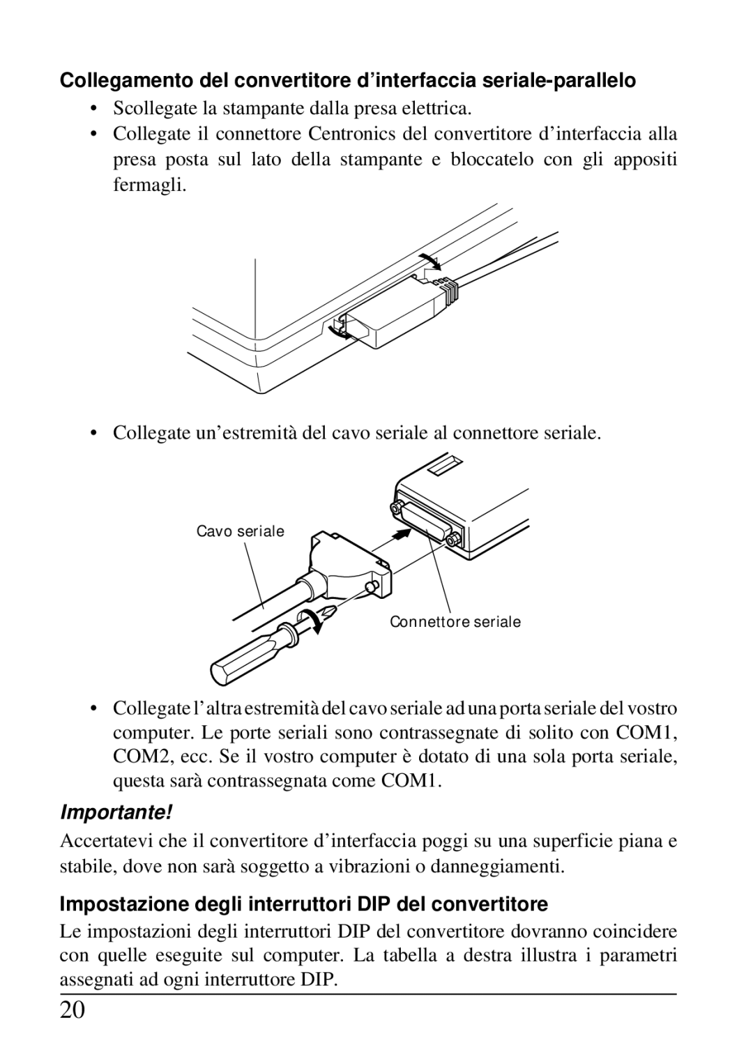 Star Micronics SPC-8K user manual Importante, Impostazione degli interruttori DIP del convertitore 