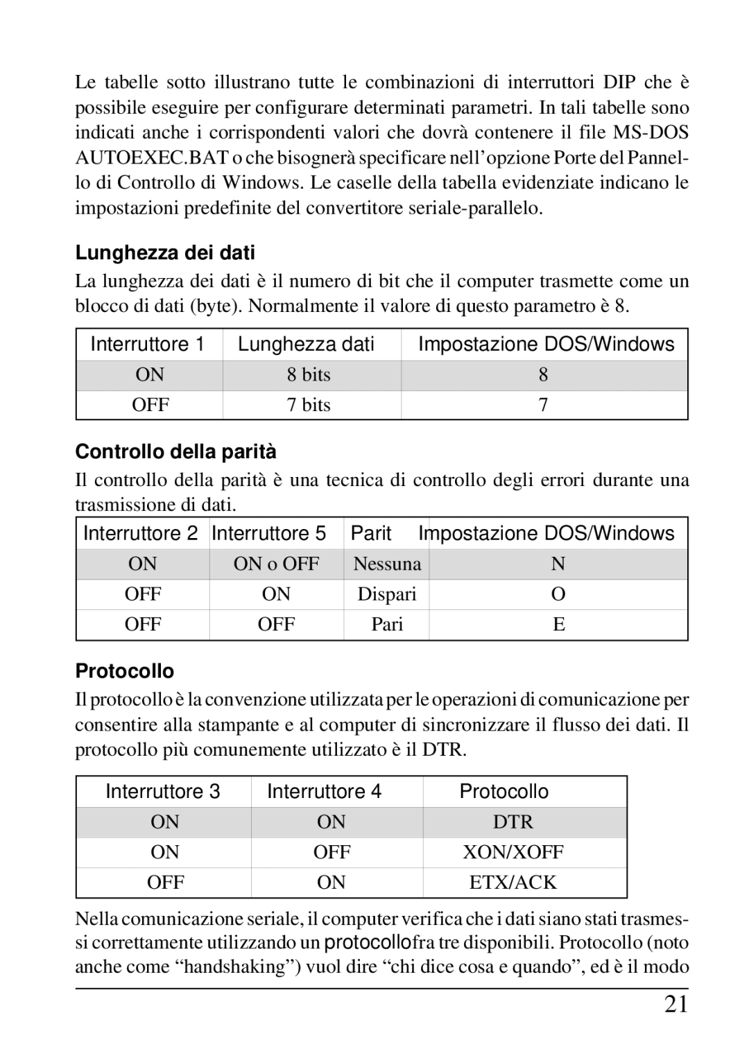 Star Micronics SPC-8K user manual Lunghezza dei dati, Controllo della parità, Protocollo 