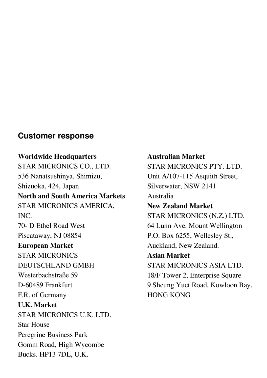 Star Micronics SPC-8K Worldwide Headquarters Australian Market, North and South America Markets, New Zealand Market 