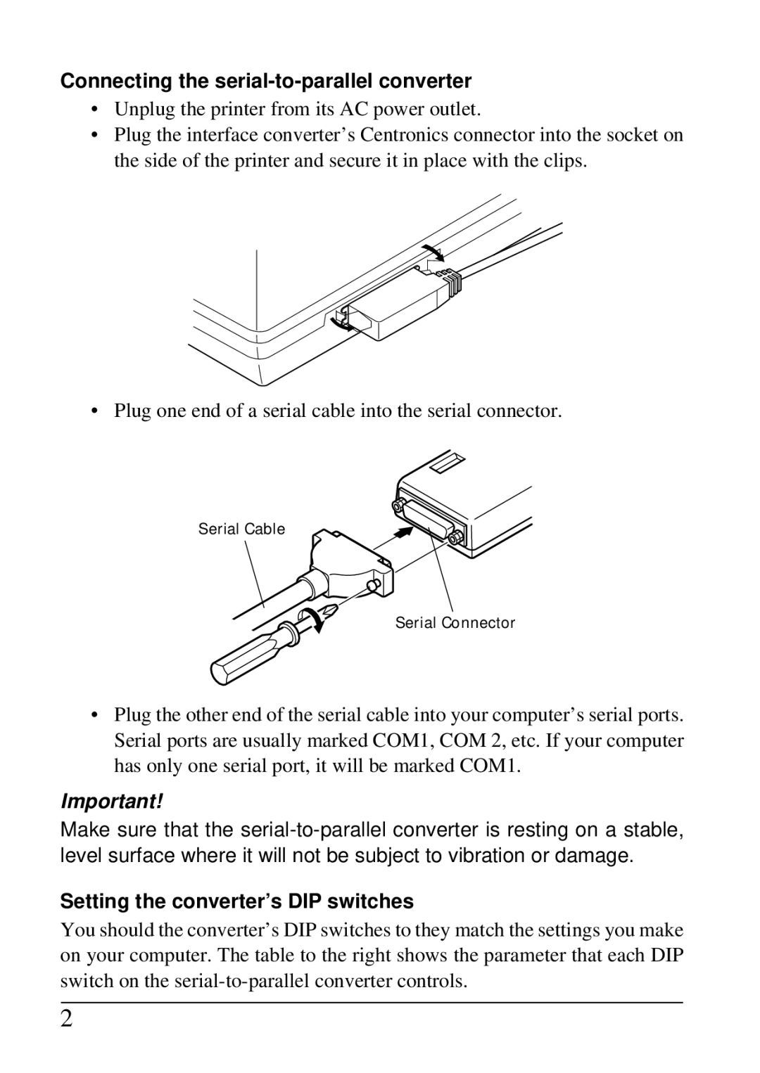 Star Micronics SPC-8K user manual Connecting the serial-to-parallel converter, Setting the converter’s DIP switches 