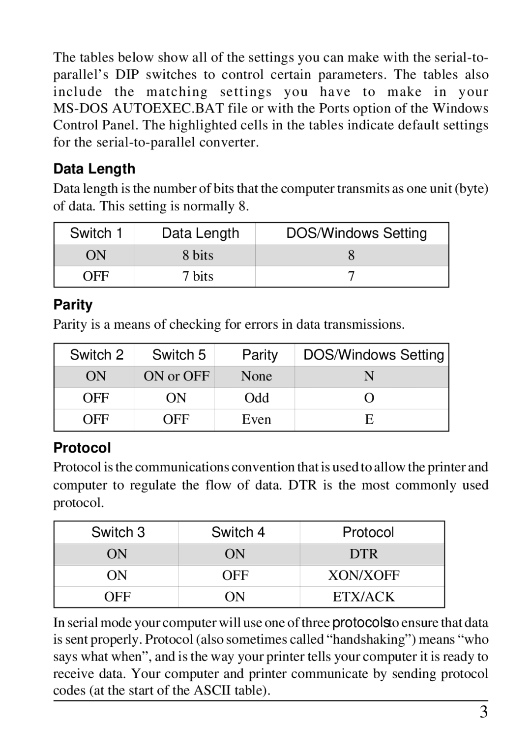 Star Micronics SPC-8K user manual Data Length, Parity, Protocol 