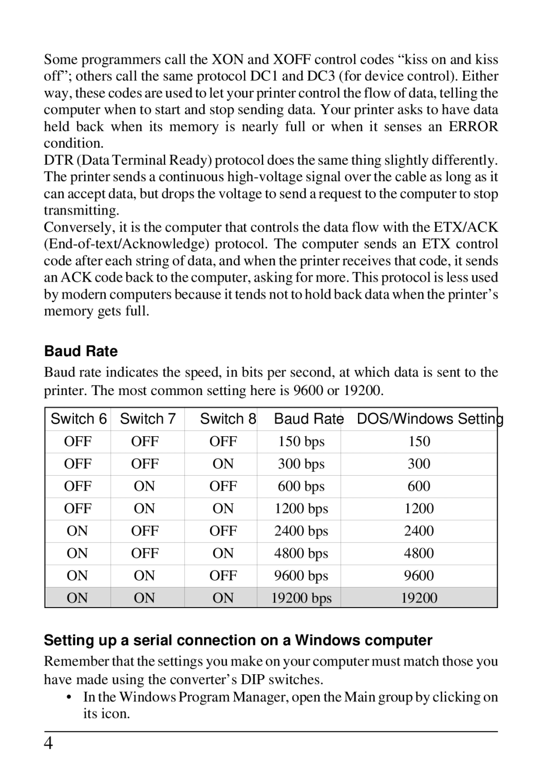 Star Micronics SPC-8K user manual Switch Baud Rate, Setting up a serial connection on a Windows computer 