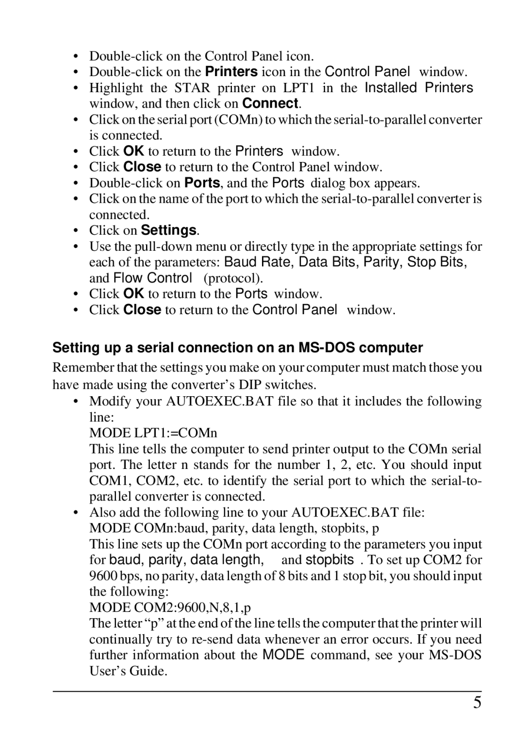 Star Micronics SPC-8K user manual Setting up a serial connection on an MS-DOS computer 