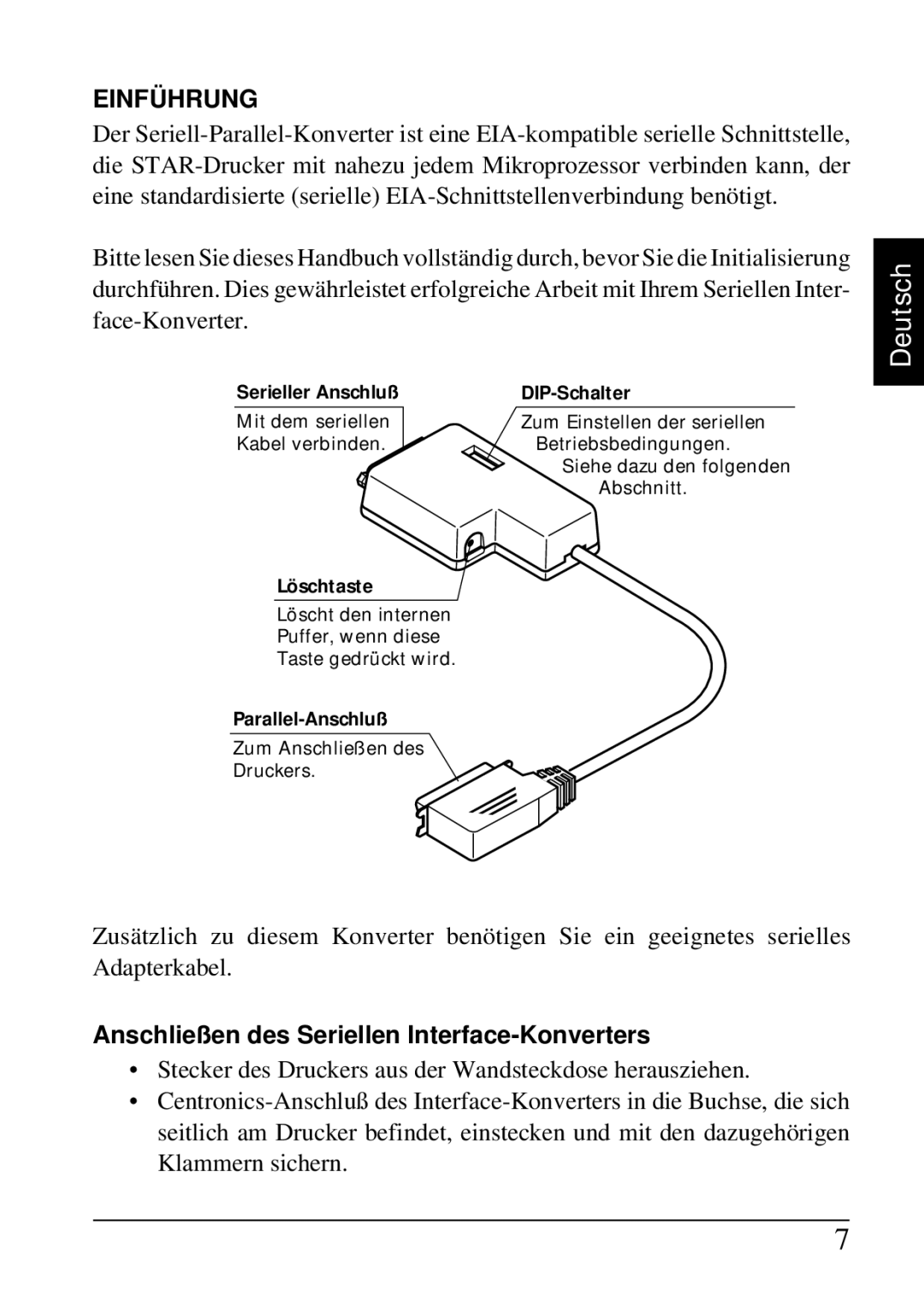 Star Micronics SPC-8K user manual Einführung, Anschließen des Seriellen Interface-Konverters 