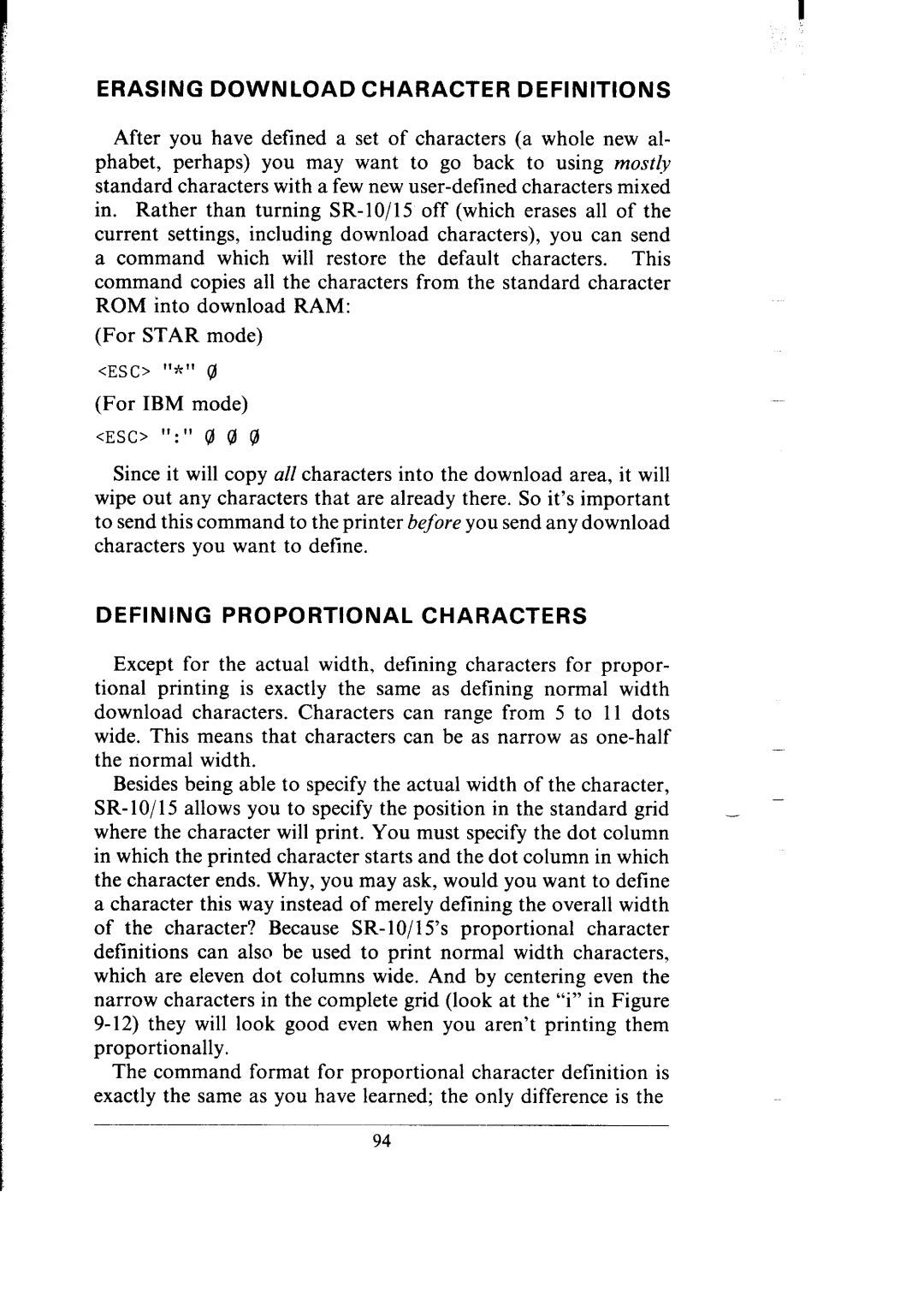Star Micronics SR-10/I5 user manual Erasing Download Character Definitions, Defining, Proportional, Characters, ESC I0 0 