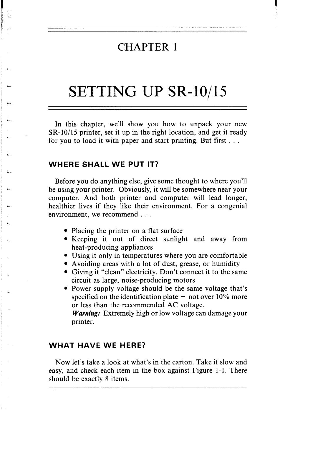 Star Micronics SR-10/I5 user manual SETTING UP SR- 1O/15, Chapter, Where Shall We Put It?, What Have We Here? 