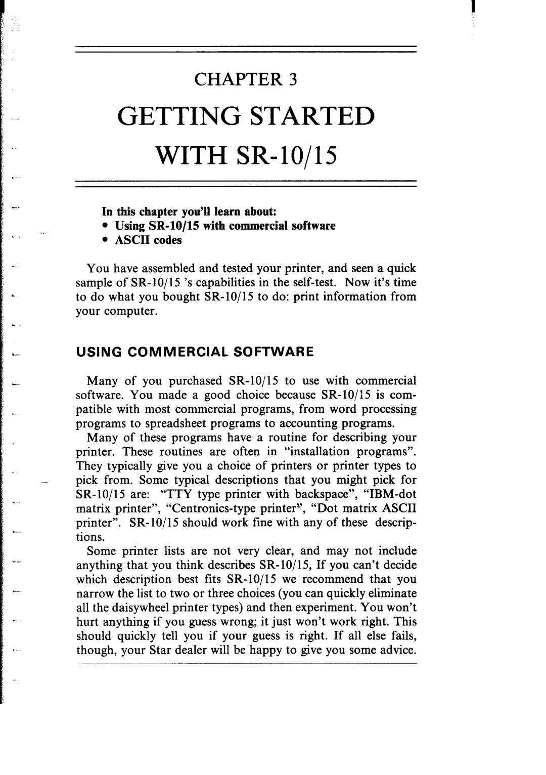Star Micronics SR-10/I5 user manual GETTING STARTED WITH SR-lo/l5, Chapter, In this chapter you’ll learn about, ASCII codes 
