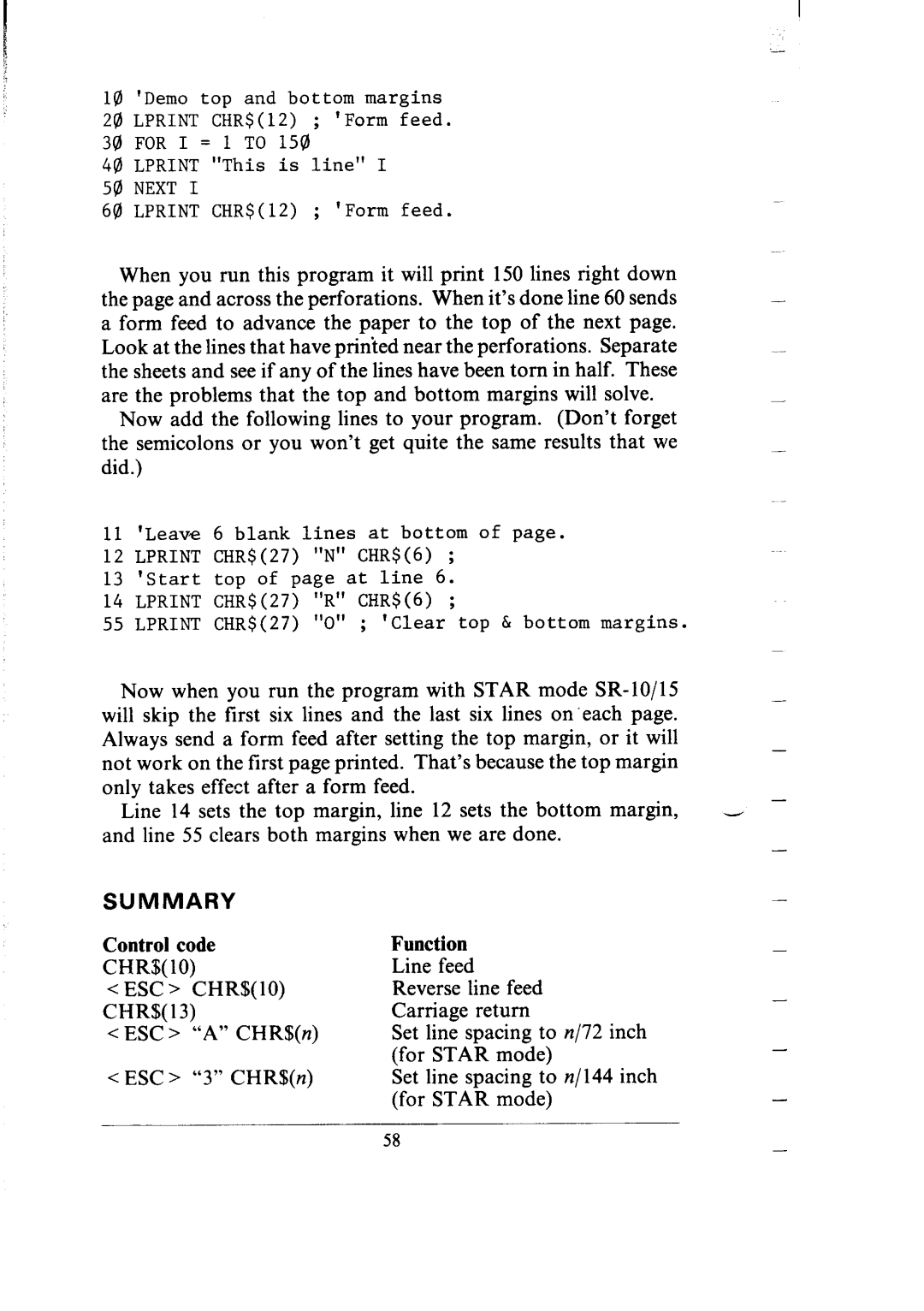 Star Micronics SR-10/I5 user manual Summary, Control code, Function, Demo top and bottom margins 20 LPRINT CHR$12 Form feed 