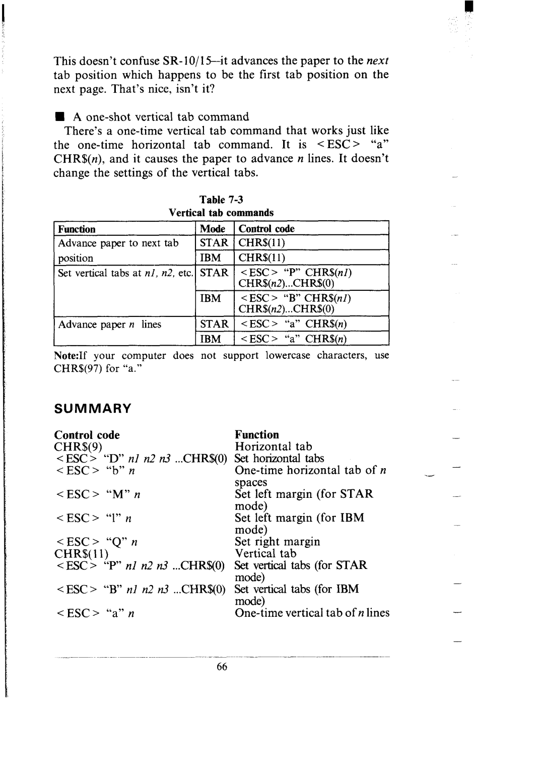 Star Micronics SR-10/I5 user manual “B” nl n2 d, Summary, Control code, Function 