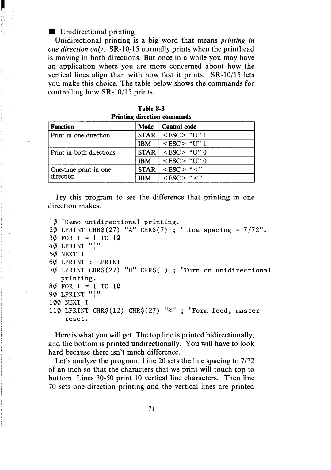 Star Micronics SR-10/I5 user manual n Unidirectional printing 