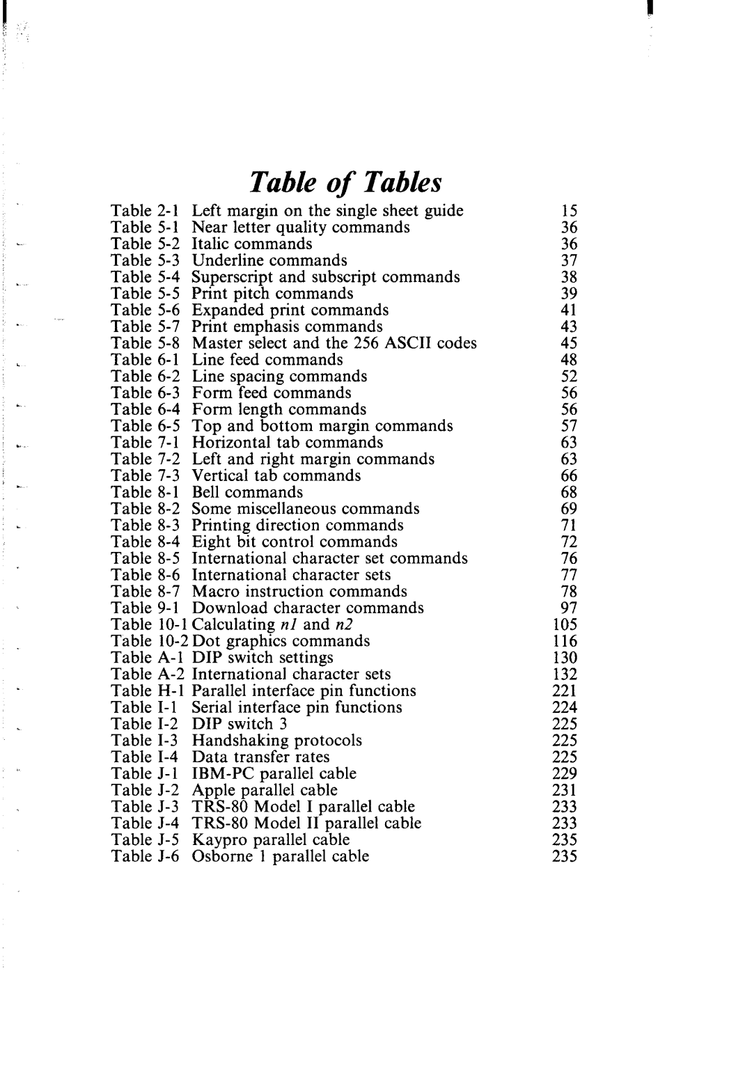 Star Micronics SR-10/I5 user manual Table of Tables 