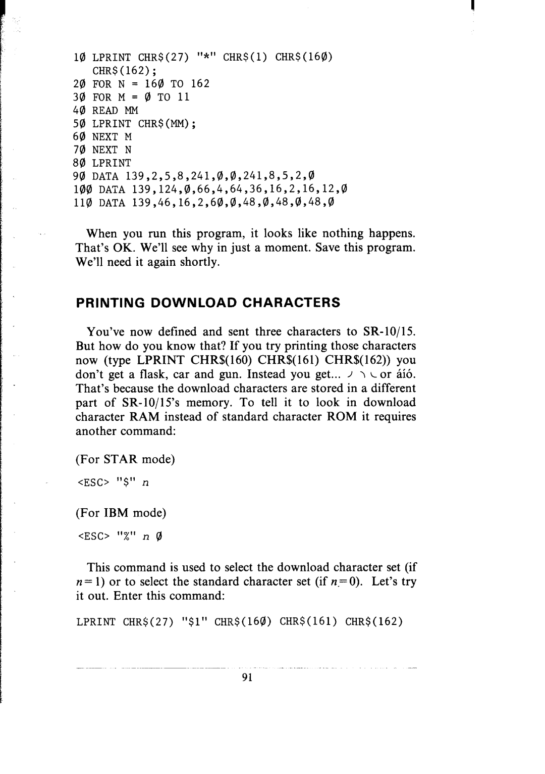 Star Micronics SR-10/I5 user manual Read MM Lprint CHR$MM Next M Next N, Printing Download Characters 