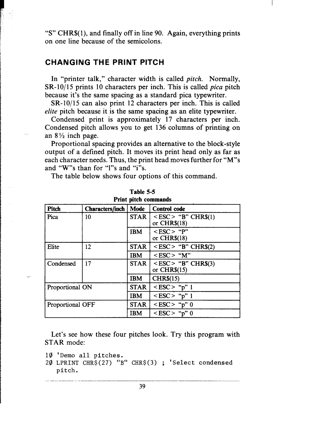 Star Micronics SR-10/I5 user manual Changing the Print Pitch 