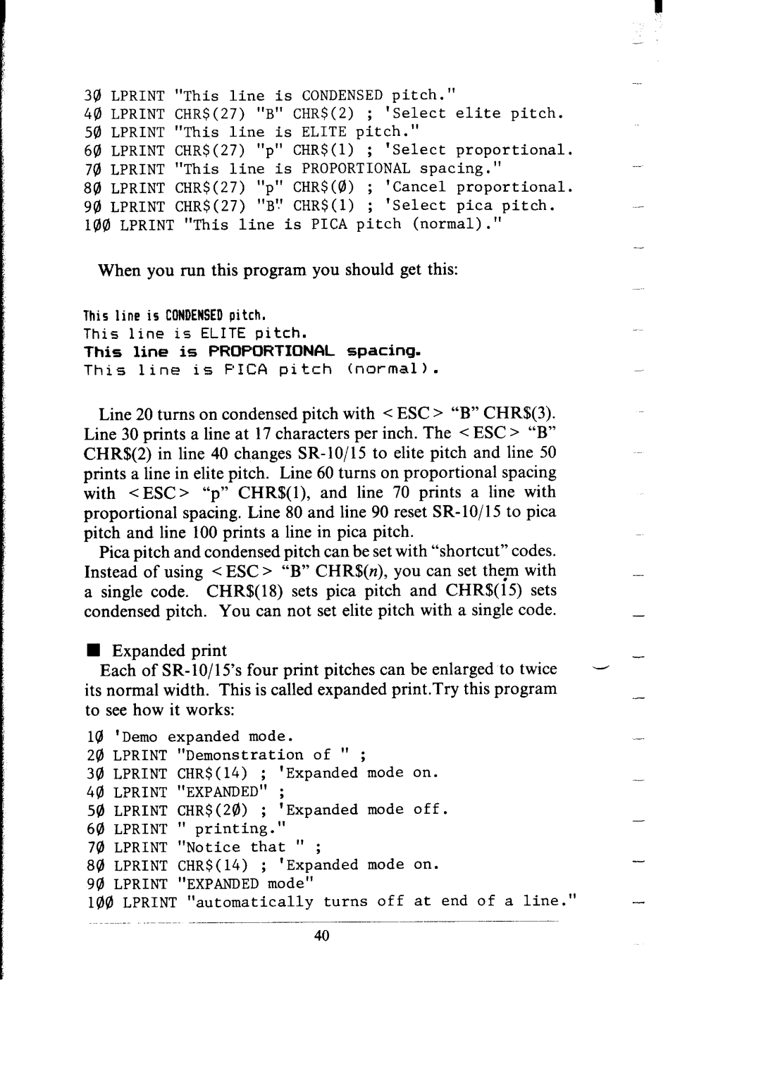 Star Micronics SR-10/I5 user manual When you run this program you should get this 