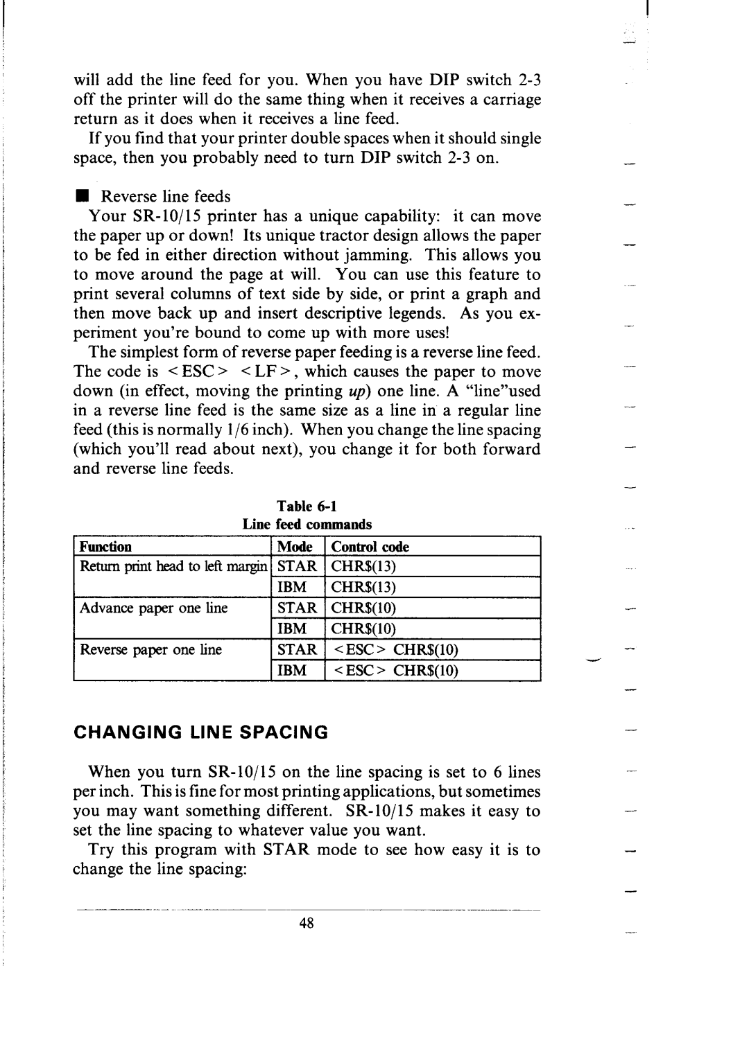 Star Micronics SR-10/I5 user manual Changing Line Spacing, Line feed commands Function Mode Control code 