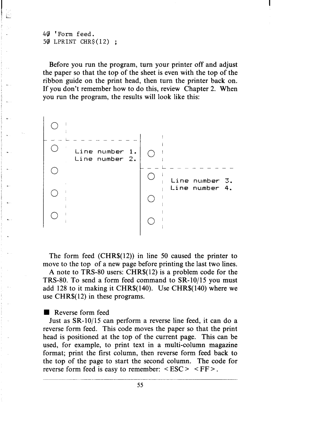 Star Micronics SR-10/I5 user manual Form feed Lprint CHR$12 