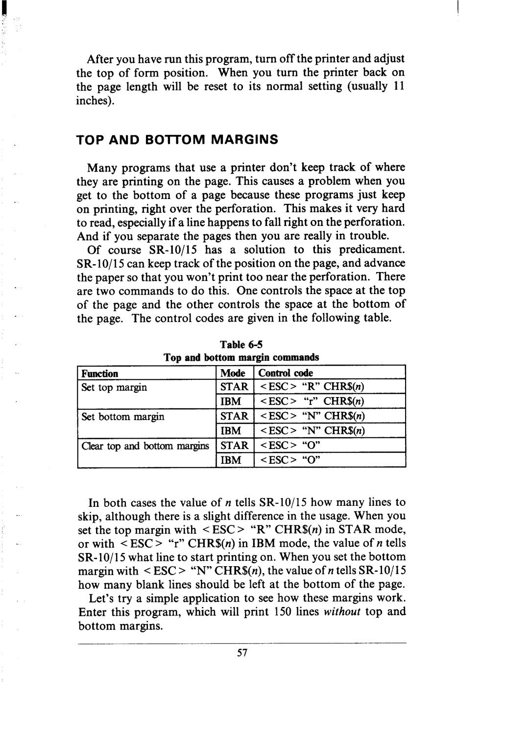 Star Micronics SR-10/I5 user manual TOP and Bottom Margins 