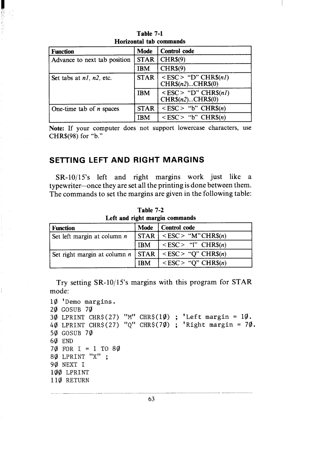 Star Micronics SR-10/I5 user manual Setting Left and Right Margins, Star CHR$9 IBM CHRU9 