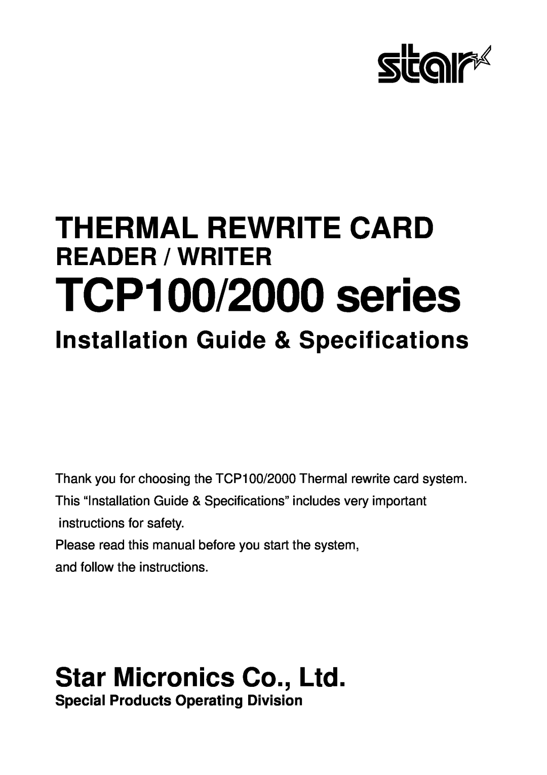 Star Micronics TCP100 Series, TCP2000 Series specifications TCP100/2000 series, Thermal Rewrite Card, Reader / Writer 