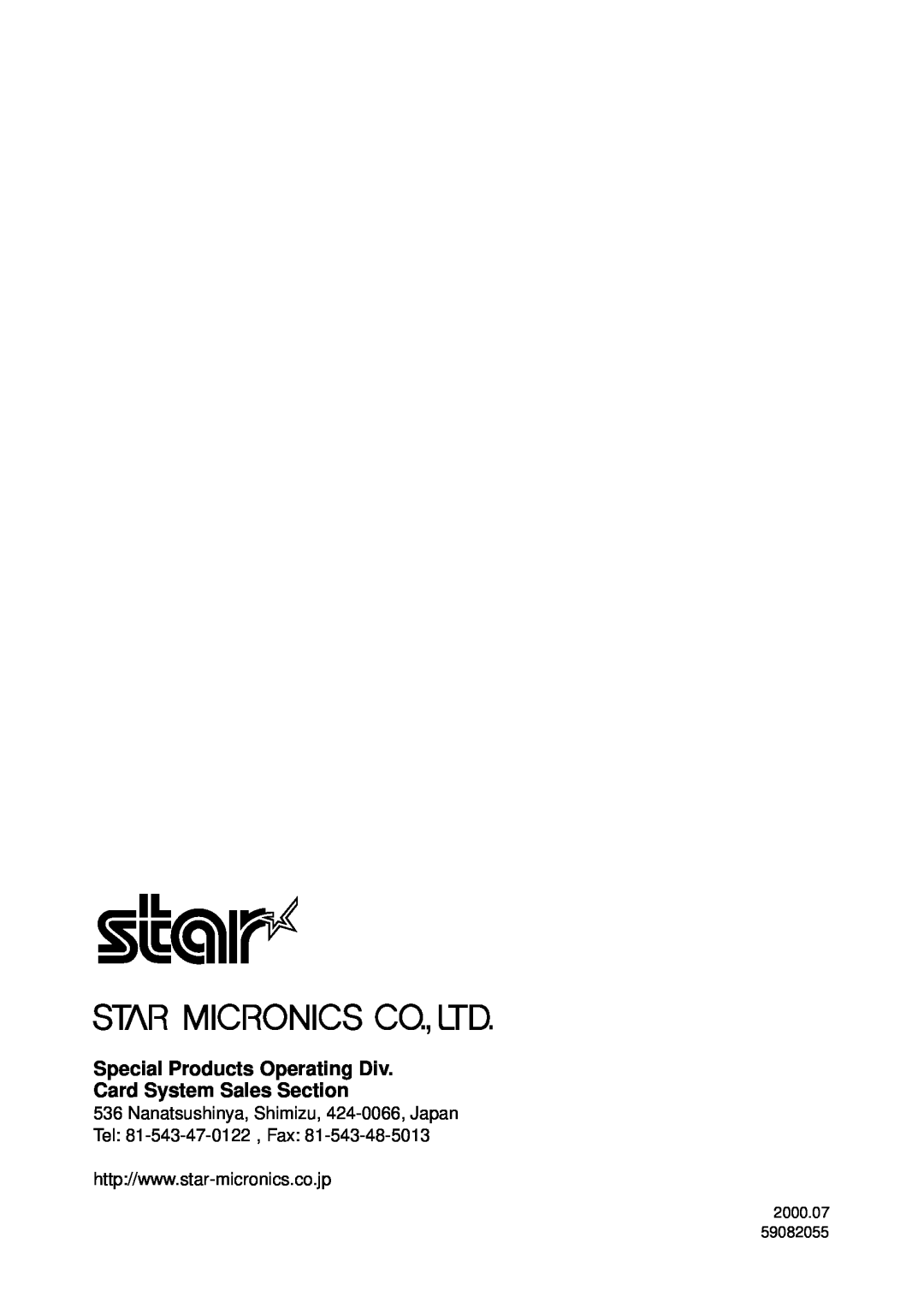 Star Micronics TCP100 Series, TCP2000 Series Special Products Operating Div Card System Sales Section, 2000.07 