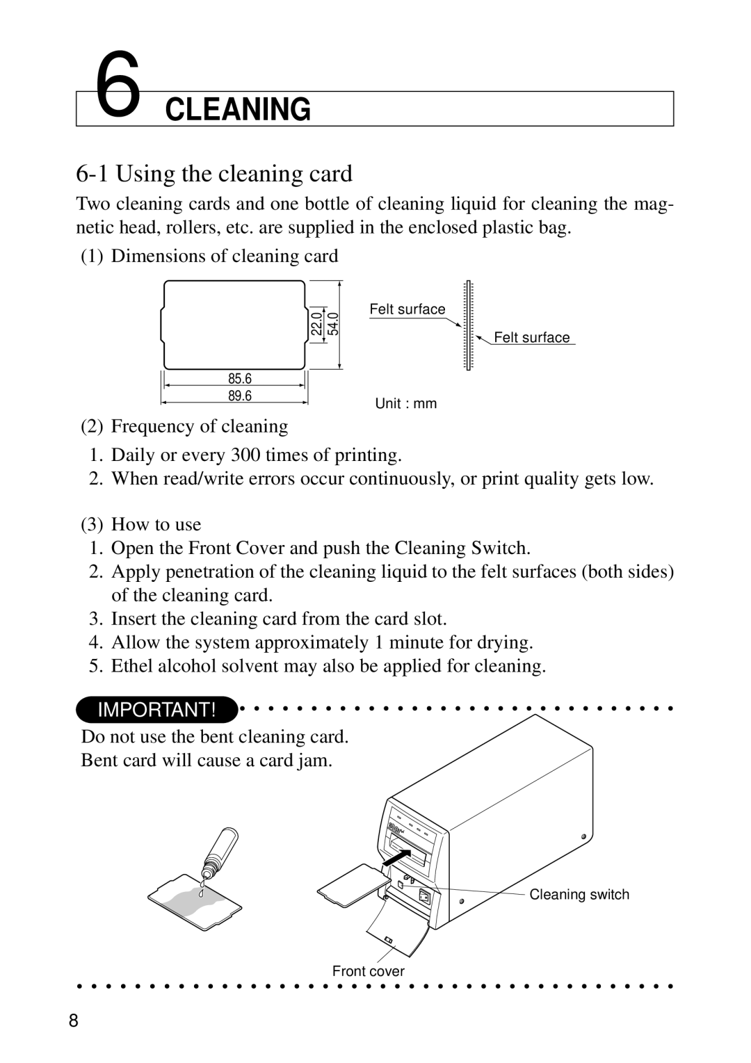 Star Micronics TCP2000 Series, TCP100 Series specifications Cleaning, Using the cleaning card 