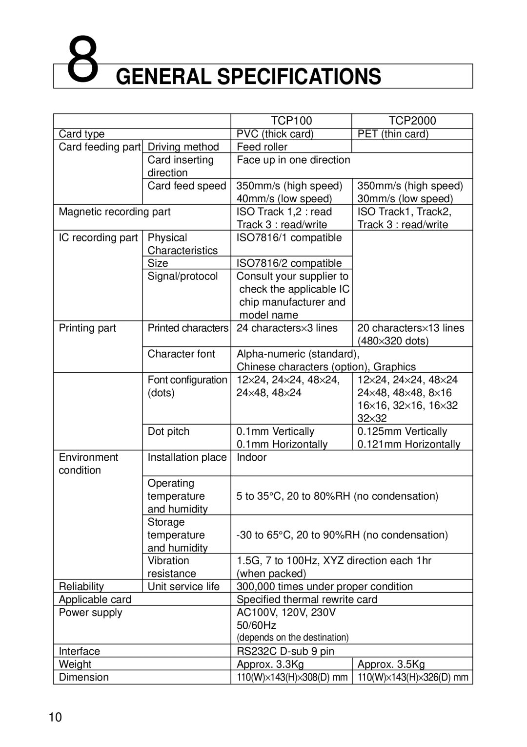 Star Micronics TCP2000 Series, TCP100 Series specifications General Specifications 