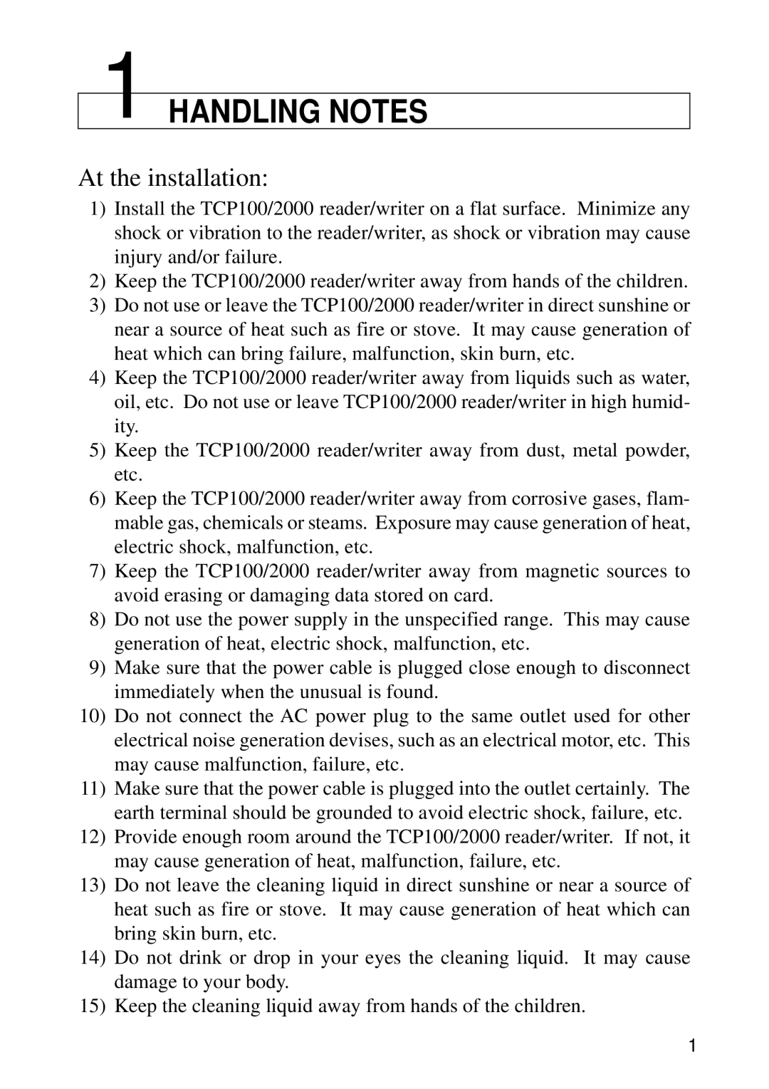 Star Micronics TCP100 Series, TCP2000 Series specifications Handling Notes, At the installation 