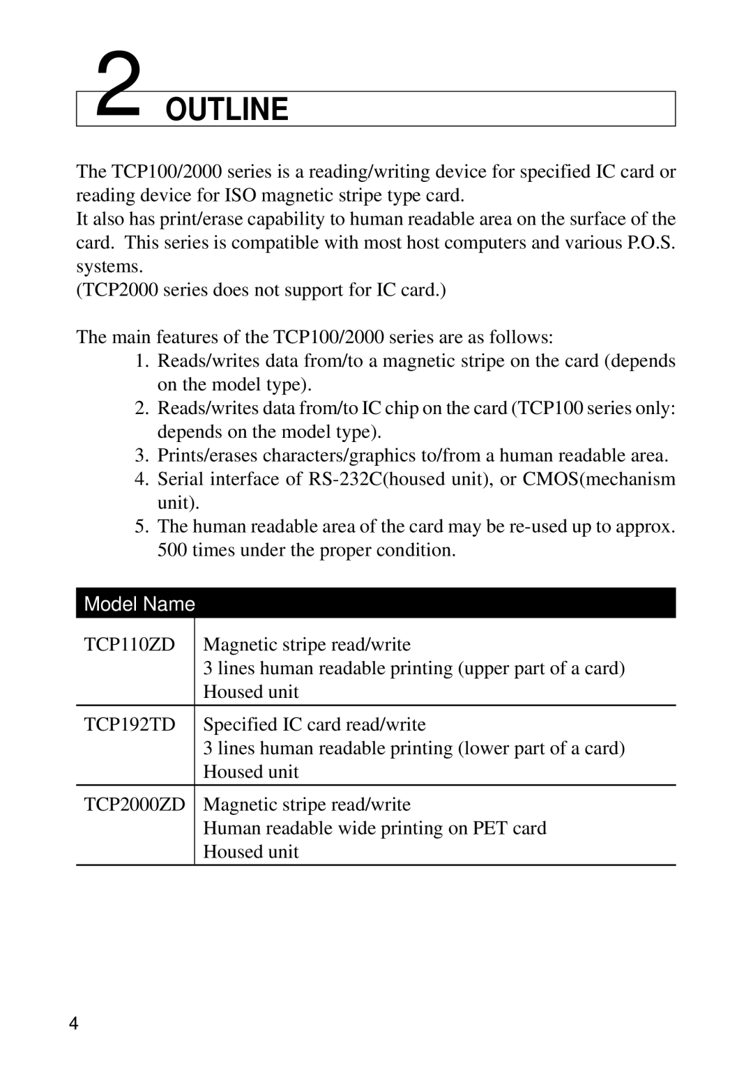 Star Micronics TCP2000 Series, TCP100 Series specifications Outline, Model Name 