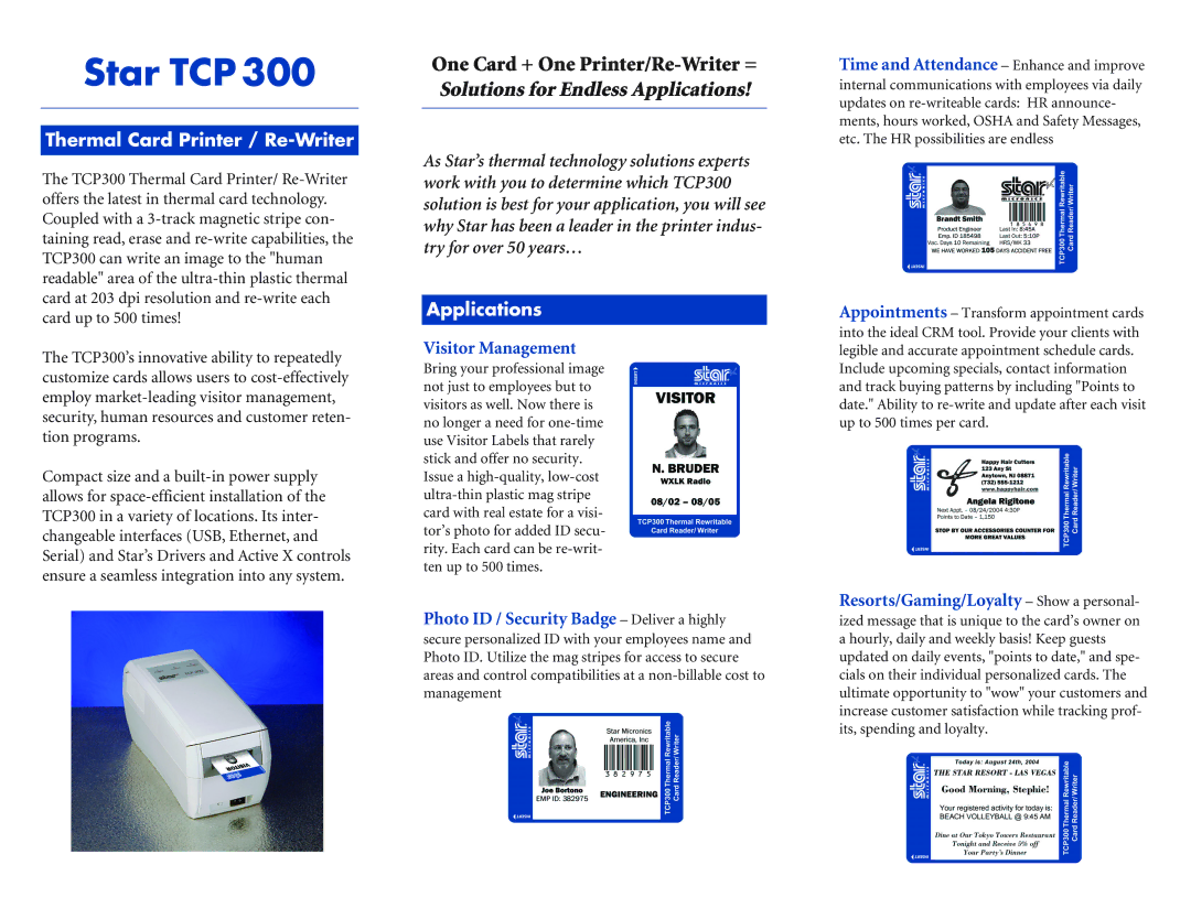 Star Micronics TCP300 manual Thermal Card Printer / Re-Writer, Applications 