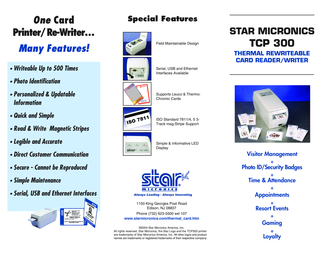 Star Micronics TCP300 manual One Card, Printer/Re-Writer…, Many Features, Star Micronics, Special Features, Appointments 