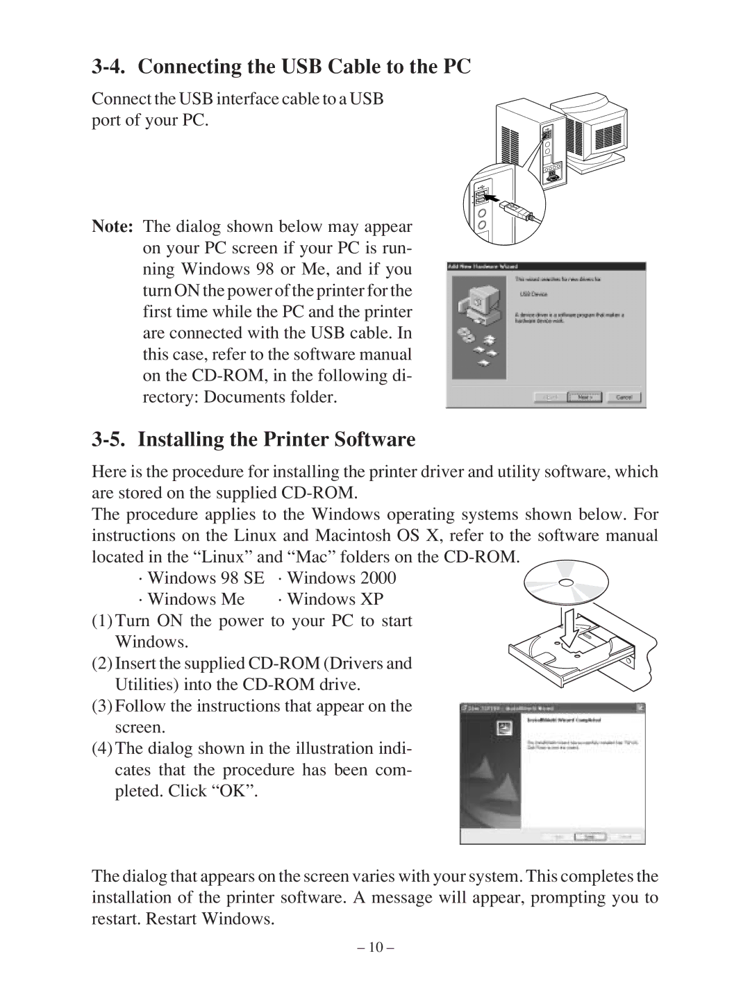 Star Micronics TSP100 manual Connecting the USB Cable to the PC, Installing the Printer Software 