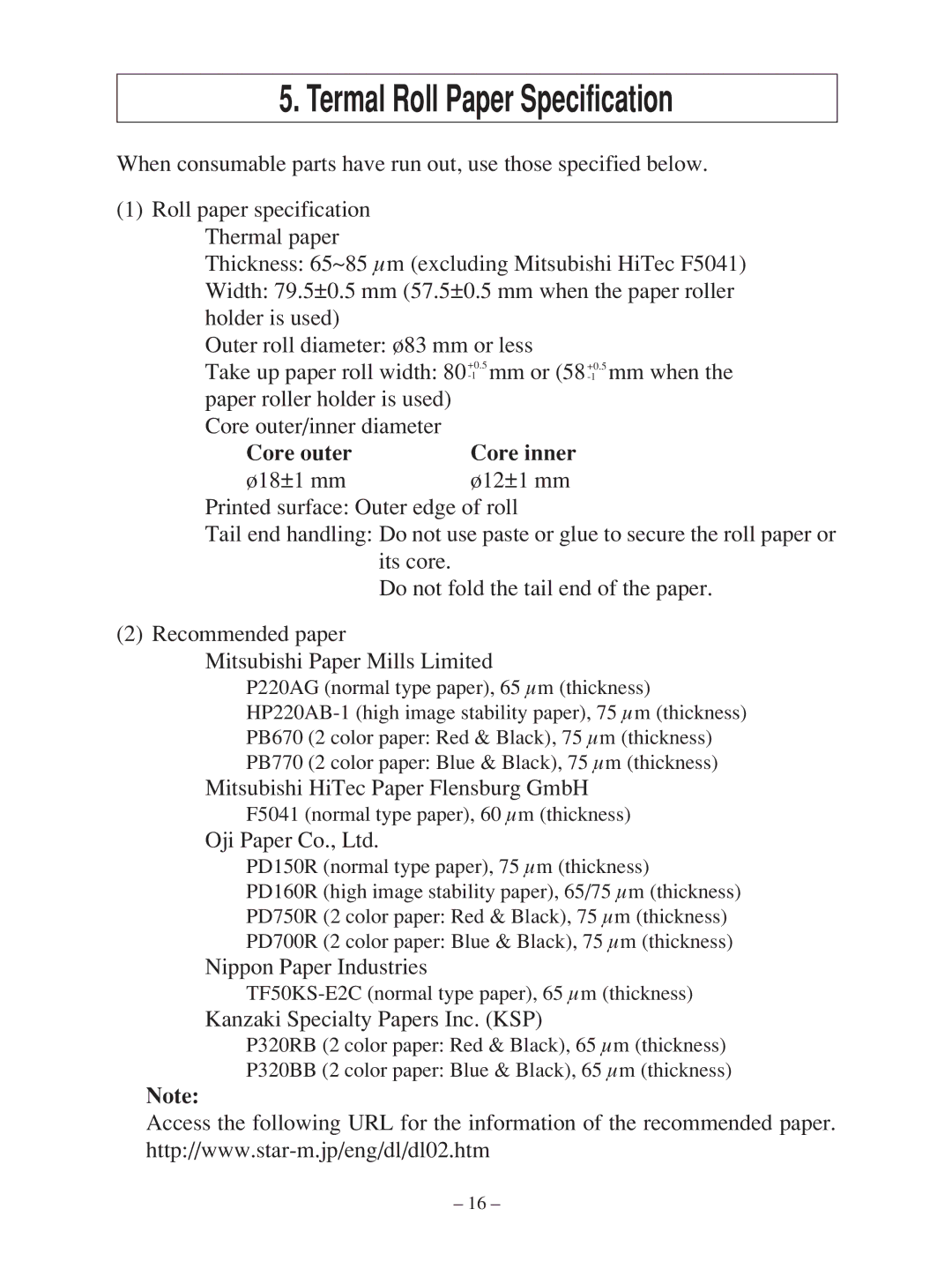 Star Micronics TSP100 manual Termal Roll Paper Specification, Core outer Core inner 