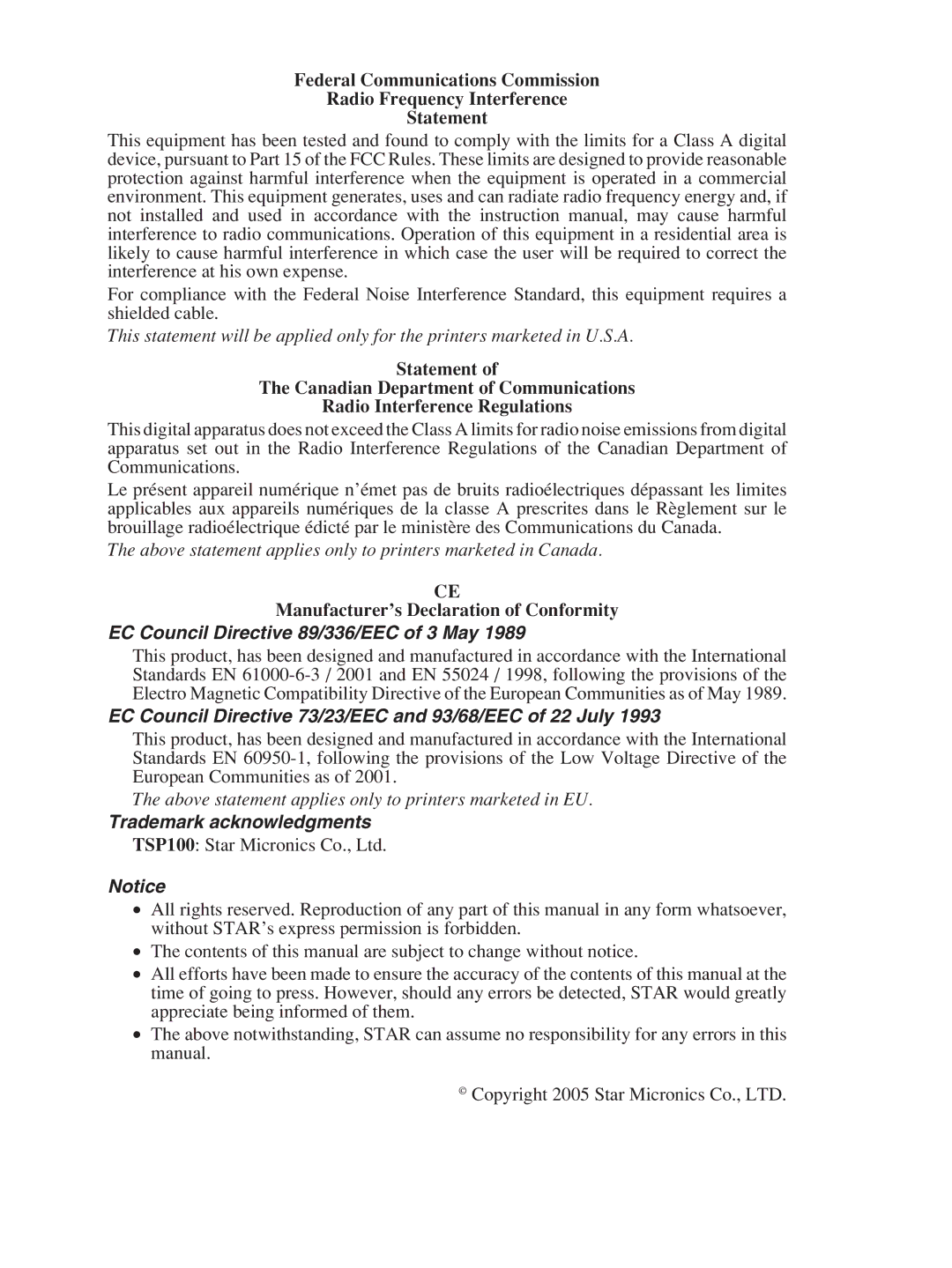 Star Micronics TSP100 manual EC Council Directive 89/336/EEC of 3 May 