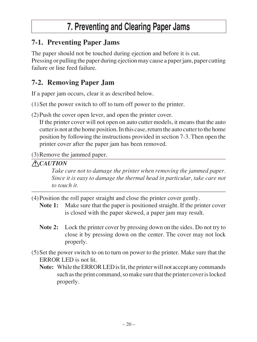 Star Micronics TSP100 manual Preventing and Clearing Paper Jams, Preventing Paper Jams, Removing Paper Jam 