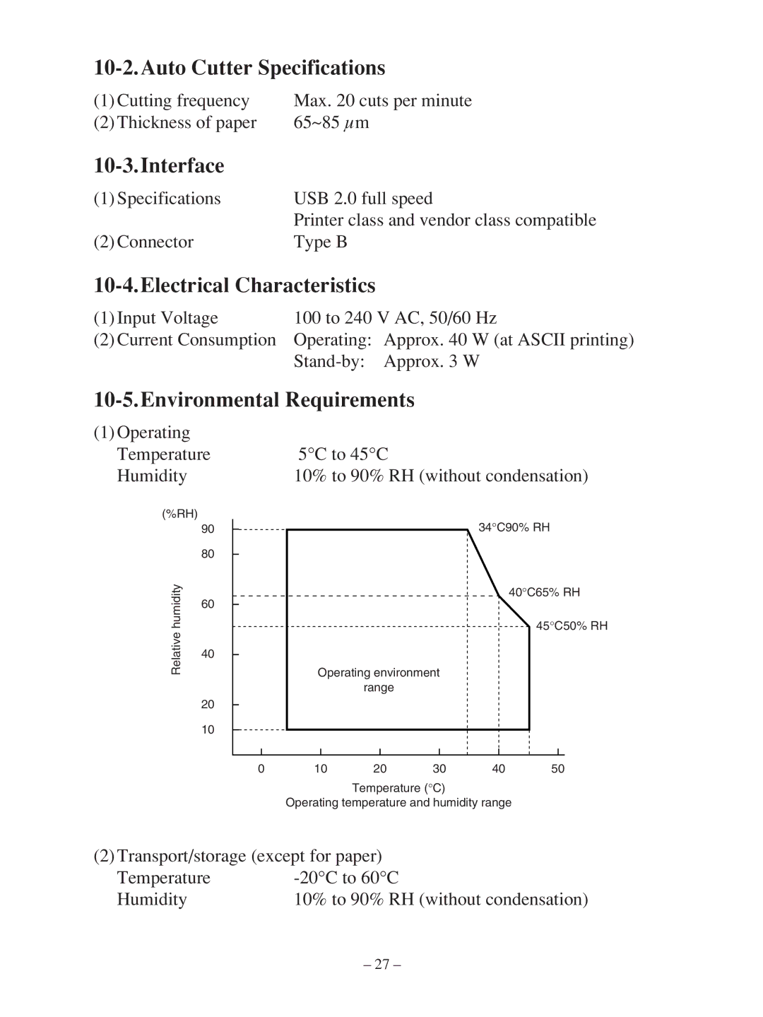 Star Micronics TSP100 manual Auto Cutter Specifications, Interface, Electrical Characteristics, Environmental Requirements 