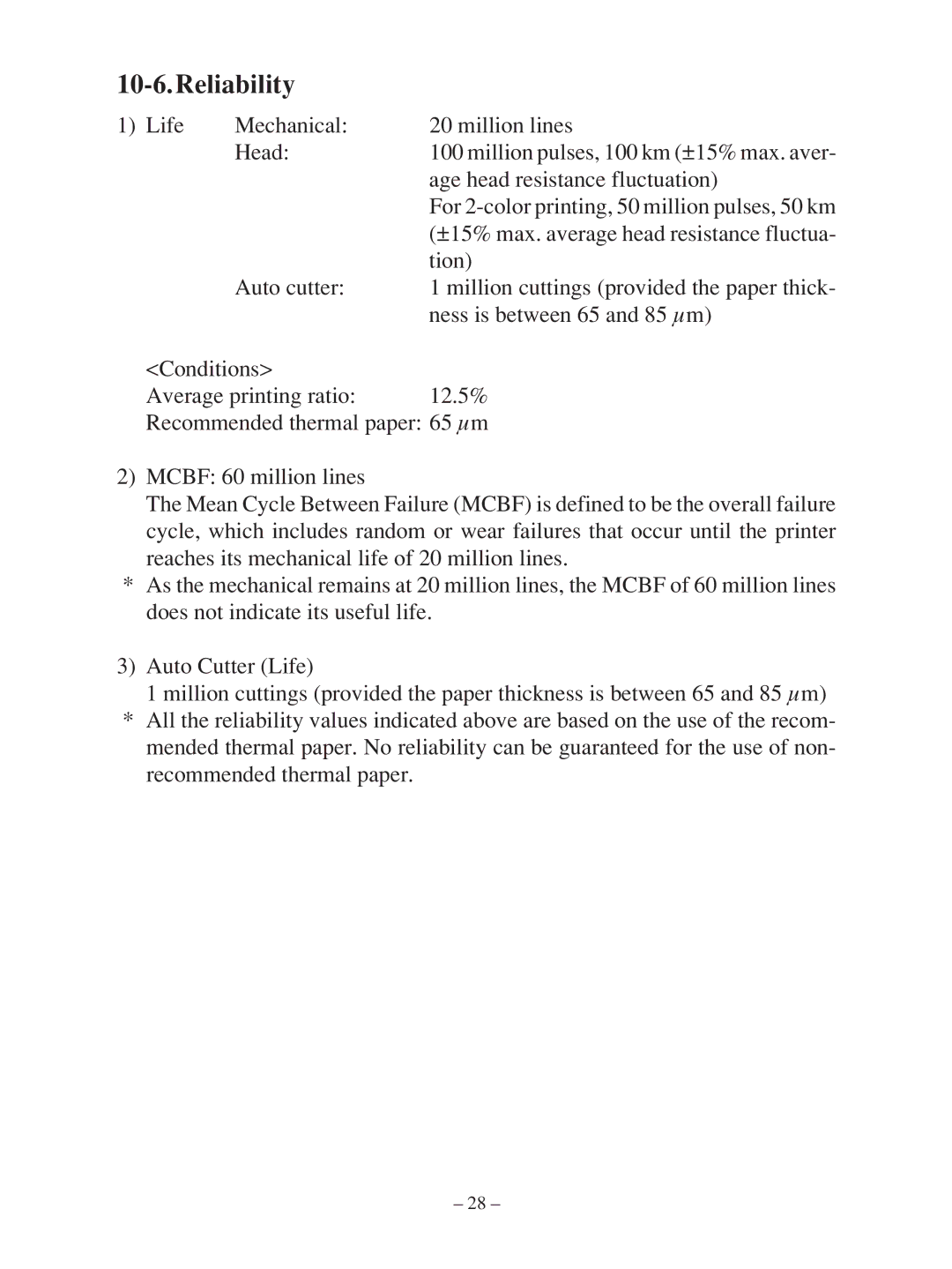 Star Micronics TSP100 manual Reliability 