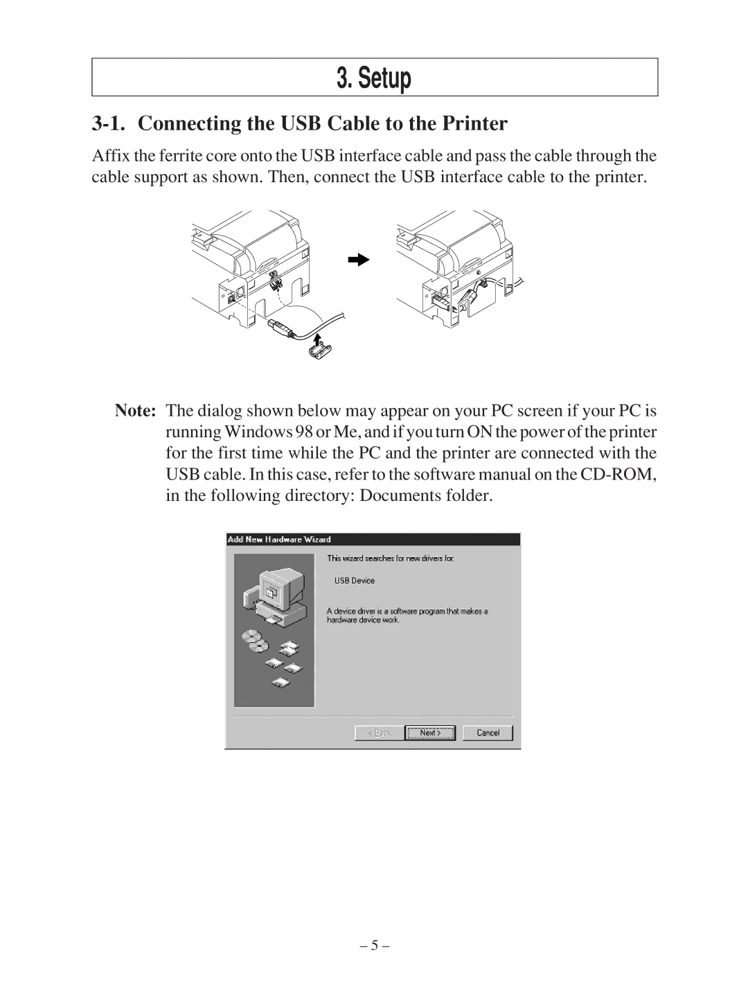 Star Micronics TSP100 manual Setup, Connecting the USB Cable to the Printer 