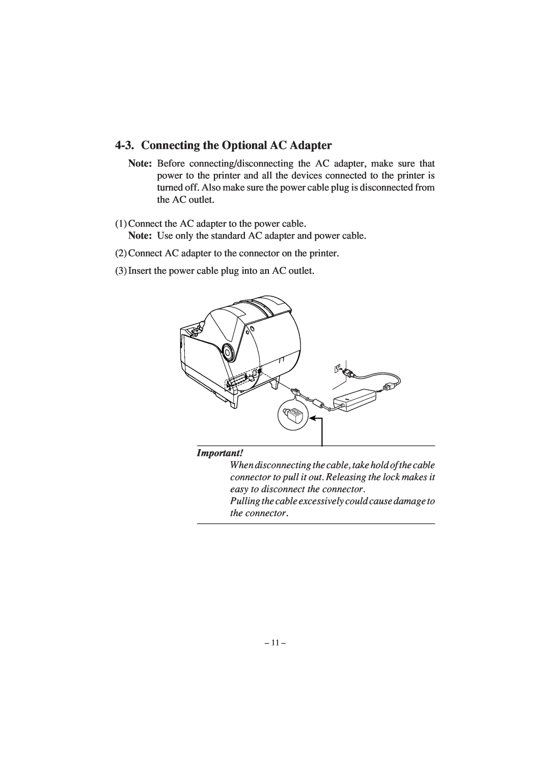 Star Micronics TSP1000 user manual Connecting the Optional AC Adapter 